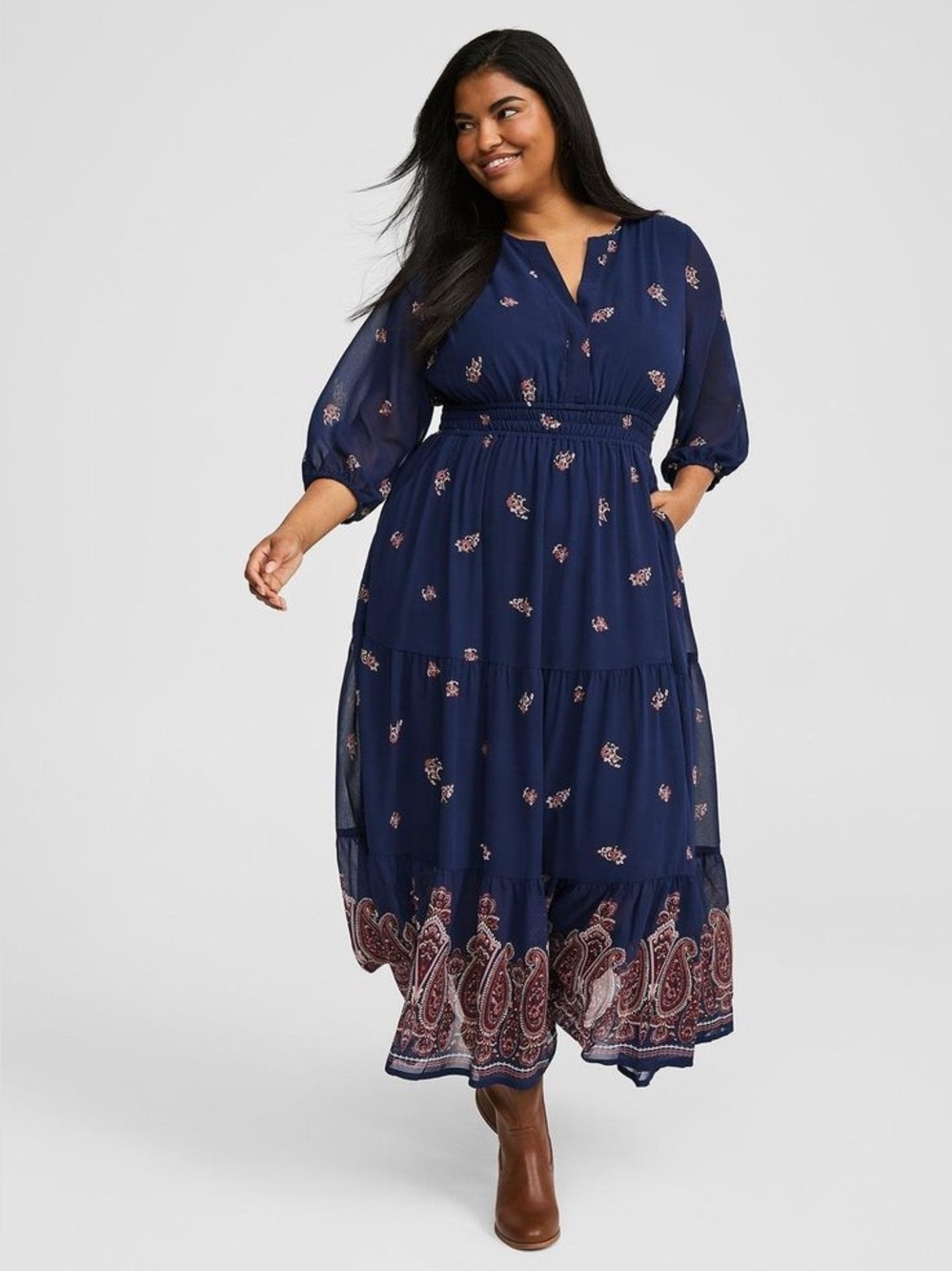 Torrid Red Blue Paisley Border Chiffon Midi 3/4th Sleeve Dress, Size 3x